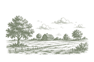 Fototapeta premium Hand drawn woodcut style vector illustration of a traditional rural farm with a large barn and trees in a scenic countryside landscape.