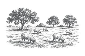Obraz premium Vintage engraving style vector illustration of a flock of sheep grazing in a rural meadow for livestock and organic farming design concepts.