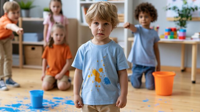 A child standing in a classroom setting with classmates in the background