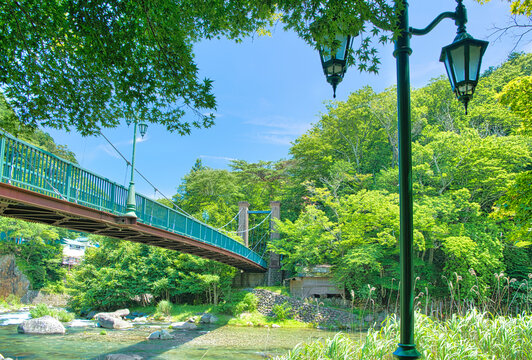 栃木県那須塩原市　塩原温泉を流れる箒川に架かる山ゆりの吊橋
