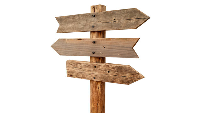 A rustic wooden directional signpost with multiple blank arrows isolated on transparent background
