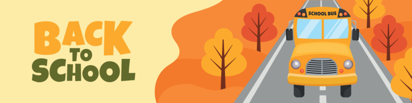 Back to school horizontal vector banner with school bus and autumn landscape, educational poster or website header design to promote school season and student activities.