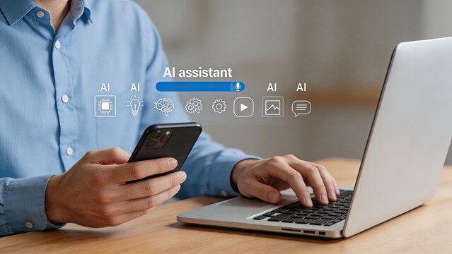 Man using smartphone and laptop with AI assistant interface overlay, artificial intelligence technology for voice control and digital tasks, modern office workspace background.