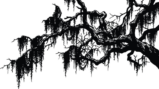 Oak tree branch black white botanical illustration detailed natural foliage elegant monochrome woodland design organic background