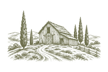 Classic woodcut vector illustration of a rustic barn house on a hill with a winding dirt road and tall cypress trees in a traditional hand drawn etch style. © Chairul