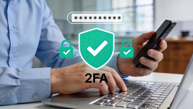 Two factor authentication security concept on laptop and mobile phone, user verifying identity with shield icon and password field, online banking safety and account protection