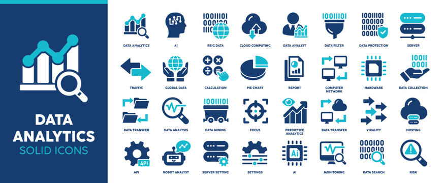 Data analytics solid icon set. Containing ldata analysis, monitoring, data collection, database, server. Vector illustration