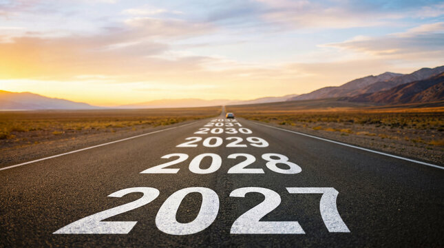 Future Road Timeline Concept from 2027 to 2031 at Sunset