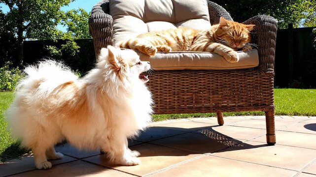 A fluffy Pomeranian dog barks excitedly at a ginger tabby cat resting lazily on a cushioned garden patio chair, enjoying a sunny day outdoors with vibrant green grass surrounding the scene