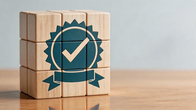 Wooden blocks stacked with quality assurance seal icon, certification badge symbol, guarantee stamp, verified checkmark, product excellence standard, trusted brand reliability,