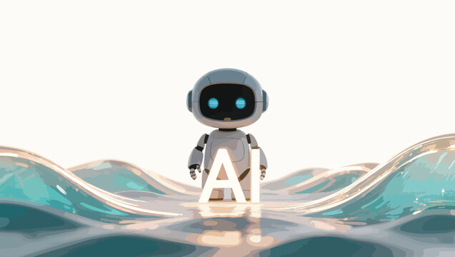 Adorable robot character standing in stylized water with ai letters.