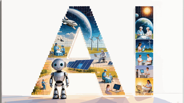 Ai robot and collage of diverse human activities integrated into giant ai.