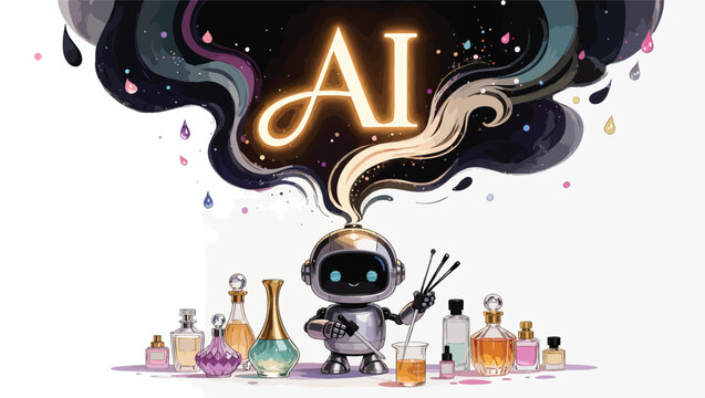 Ai robot perfumer mixing fragrances with essential oils and perfume bottles.