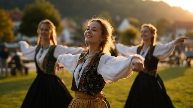 Women in traditional dress performing Festival Gorali dance outdoors