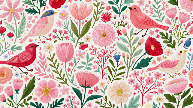 Floral Birds Pattern: A vibrant pattern design of cute, colorful birds perched amongst blossoming flowers, capturing the essence of spring and natural beauty.
