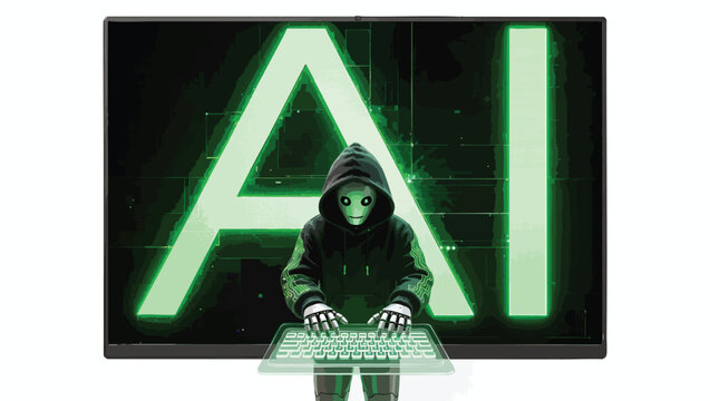 Hacker robot in hoodie typing on virtual keyboard with glowing ai screen.