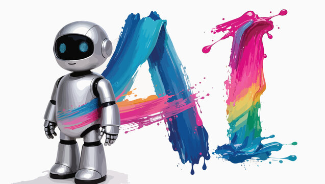 Playful robot standing next to large colorful ai paint splash letters.