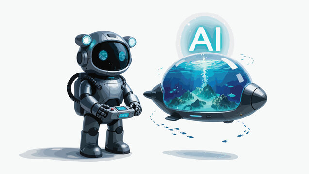 Robot controlling underwater submarine with ai fish swimming robot.