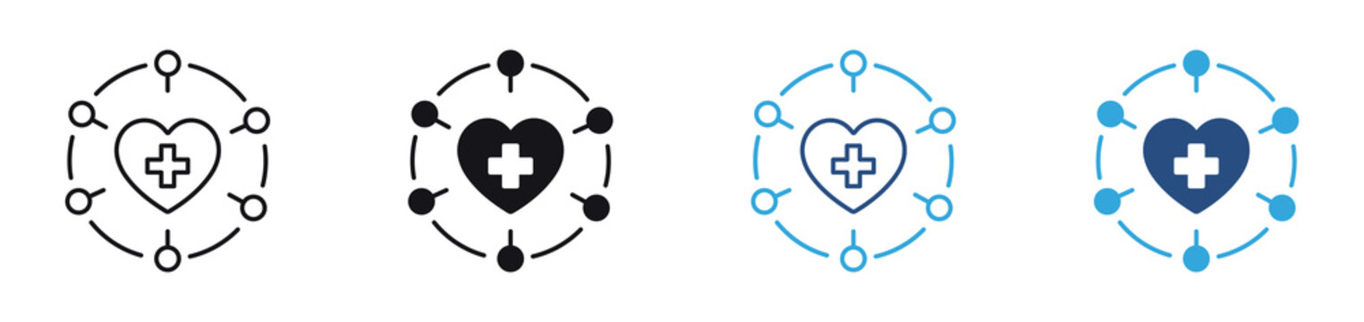 Healthcare Network icon set. connected medical heart icons. digital health communication and patient care concept. vector illustration.
