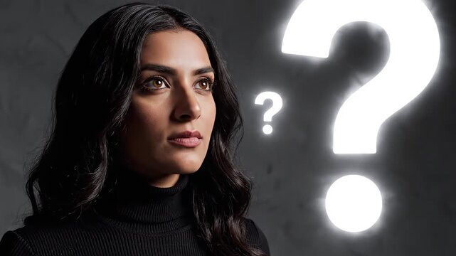 Woman with glowing question mark highlighting geometric patterns and contemporary art