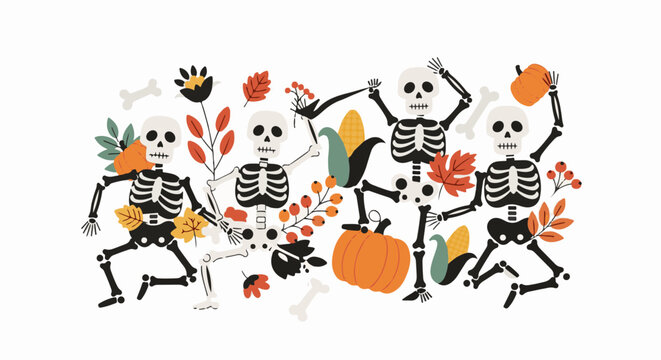 Festive skeleton dancers celebrate autumn harvest with pumpkins and corn