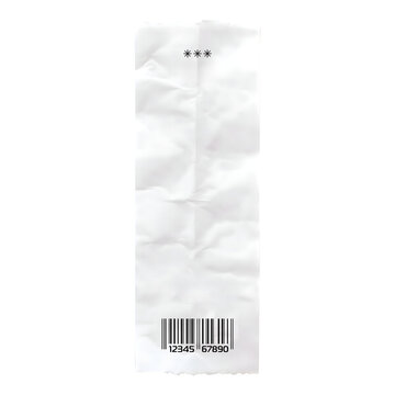 A vertical, crumpled white paper receipt featuring three black star symbols at the and a barcode with numbers at the bottom, isolated on a white background, for retail