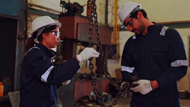 Focused cheerful factory worker wearing safety helmet or hardhat collaborating during heavy machinery chain hoist inspection showing communication teamwork plus industry success at industrial plant