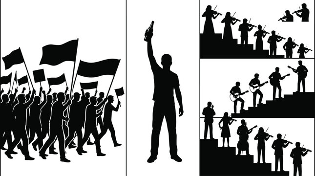 Black silhouette illustrations of protest march, armed authority figure, and musicians performing with instruments in cultural design