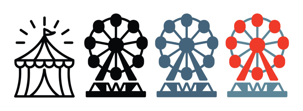 Set of carnival and amusement park icons featuring a circus tent and a wheel in various graphic styles isolated, funfair entertainment symbol collection, flat line outline and solid design, 