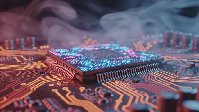 Closeup of a glowing circuit board ideal for tech startups and software promos