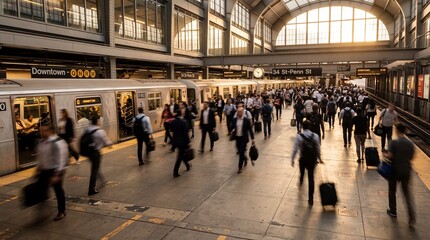Obraz premium busy urban train station platform during rush hour with blurred commuters walking. silver subway car waiting. public transportation, city life travel concept. website header, banner.