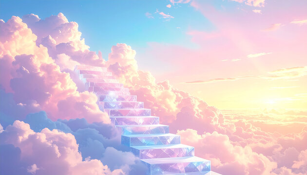 Crystal staircase ascends into soft pastel clouds at sunrise, dreamlike sky scene.