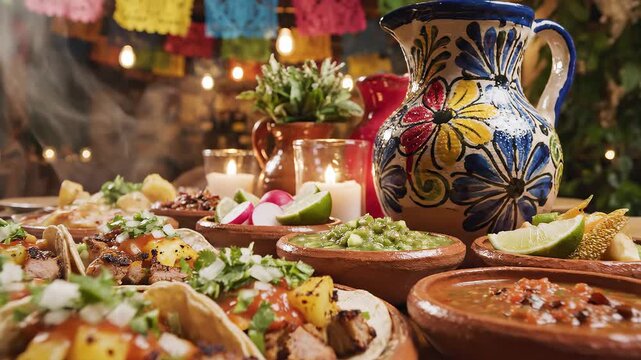 Tacos and Mexican dishes on table for appetizing food commercials and menu design