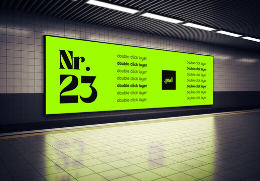 A large wall poster mockup in an underground metro station