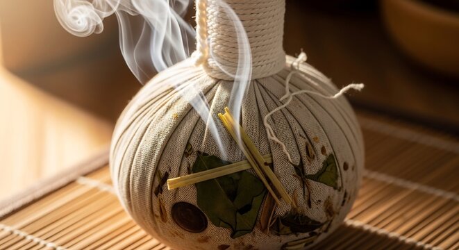 Herbal Compress Ball Releasing Steam for Spa Treatment.