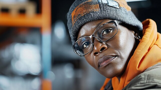 Authentic Portrait Focused African American Woman in Beanie Glasses Industrial Setting.