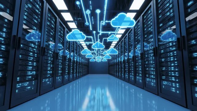 Server room with cloud computing graphics symbolizing digital transformation and future innovation