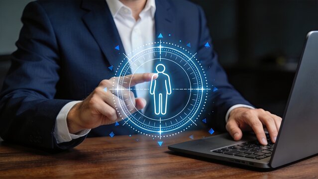 Futuristic digital interface showing user profile icon with targeting system, biometric identification technology concept, cybersecurity and personal data protection in modern