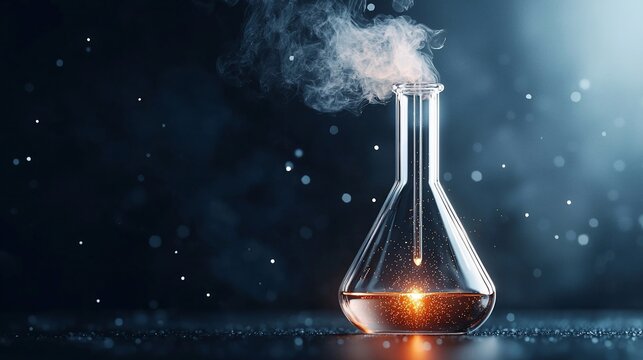 Ethereal Chemistry Glowing Liquid in Erlenmeyer Flask with Rising Smoke.