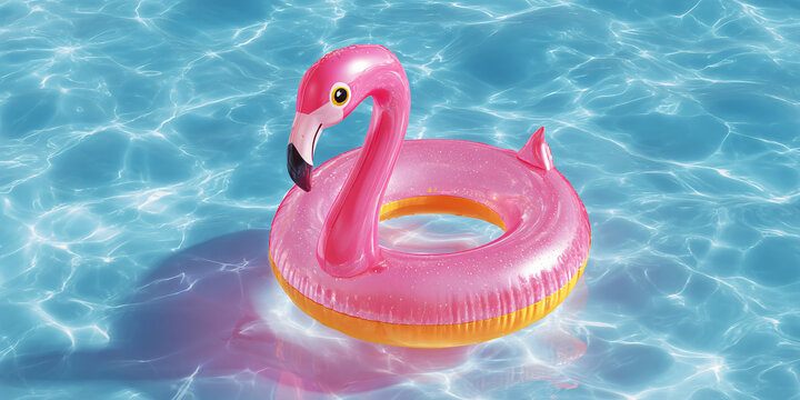 Pink Flamingo Float in Blue Pool with Yellow Ring