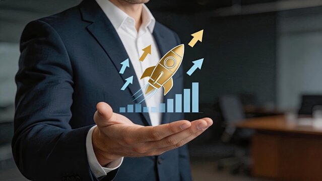 Businessman holding hand with rocket launching over bar chart, business growth concept, startup success, financial profit increase, economic development and strategic investment