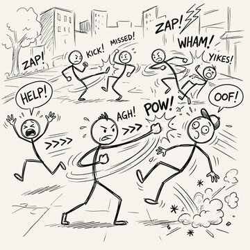 comic stick figures in a city fight.