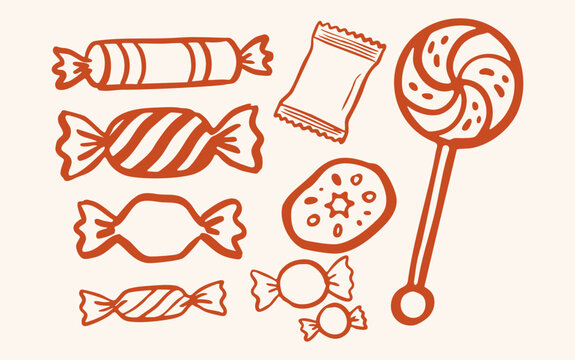 Hand drawn candy vector illustration set with lollipop, wrapped sweets, toffee and sugar confectionery icons