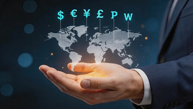 Hand holding glowing world map with currency symbols, global finance concept, international trade, foreign exchange market, worldwide economy and cross-border payment system