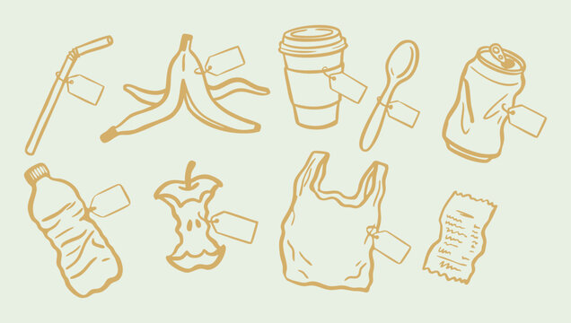 Hand drawn eco-conscious waste and litter illustration collection with plastic bottle, crushed can, banana peel and apple core icons featuring price tags, disposal labels vector