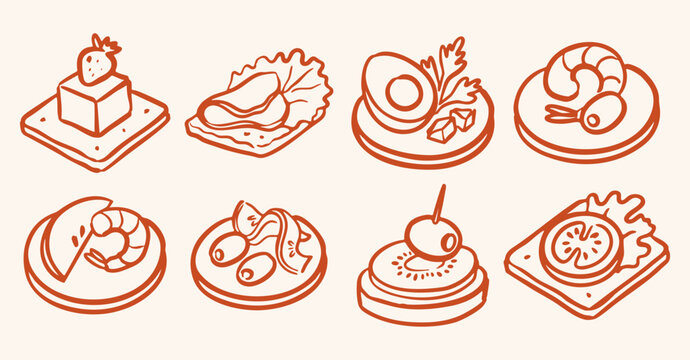 Minimalist hand drawn canape and finger food or party snack vector set with shrimp skewers, olive meat, tomato bruschetta and egg appetizer