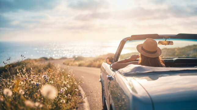 Woman in a vintage convertible car, wearing a straw hat, enjoying a scenic coastal road trip at sunset.