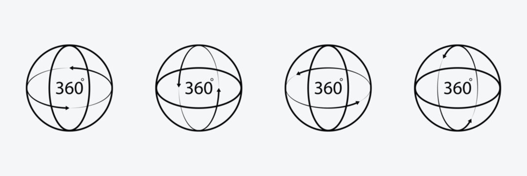 360 degrees arrow, rotate around set icon. circle signs vertical, horizontal and diagonal view with arrows rotation to 360 degrees. virtual reality. rotate cycle, circular moving symbol. EPS 10 .