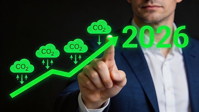 Green Arrow Rising To 2026 With CO2 Clouds, Climate Action Growth Trend, Environmental Sustainability Goal For Future Carbon Reduction Strategy