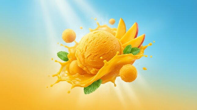 Bright yellow mango ice cream splashes mid-air. Sunbeams shine warmly against vivid blue sky. Fresh mint leaves add cool, green contrast. Juicy mango pieces float with vibrant energy